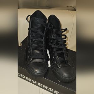 Converse Men's Chuck Taylor All Star Leather Hi Top Sneakers, Black Monochrome